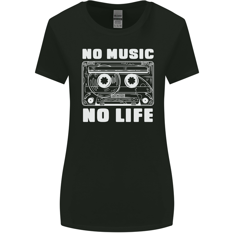 No Music No Life Retro Audio Cassette Womens Wider Cut T-Shirt Black