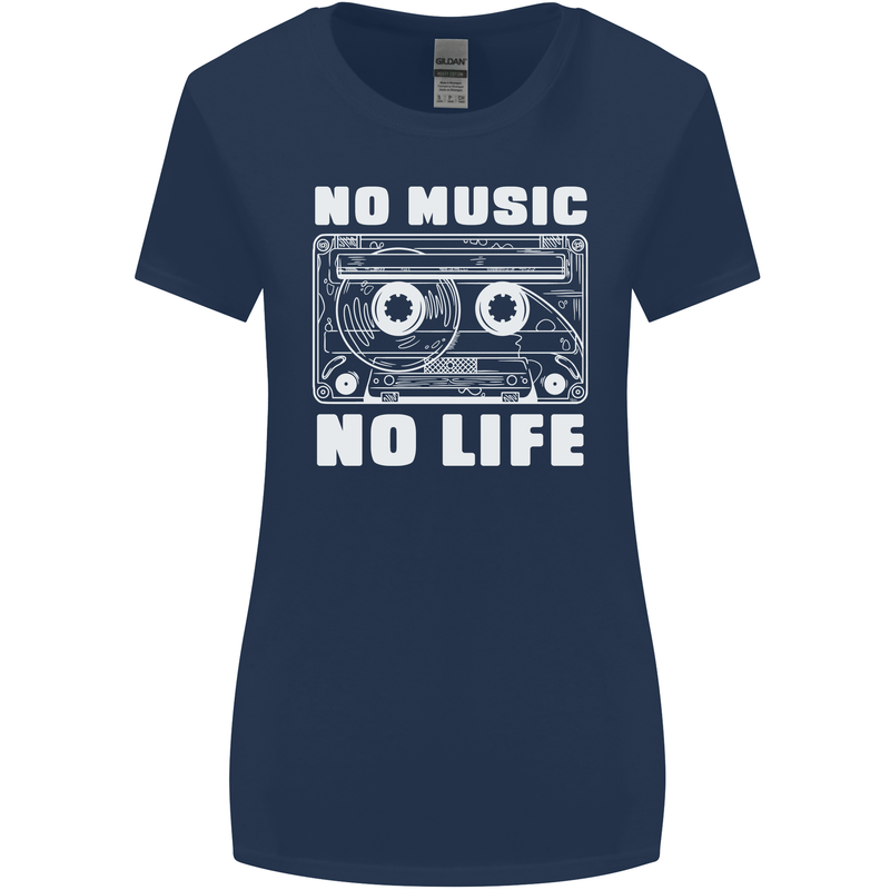 No Music No Life Retro Audio Cassette Womens Wider Cut T-Shirt Navy Blue