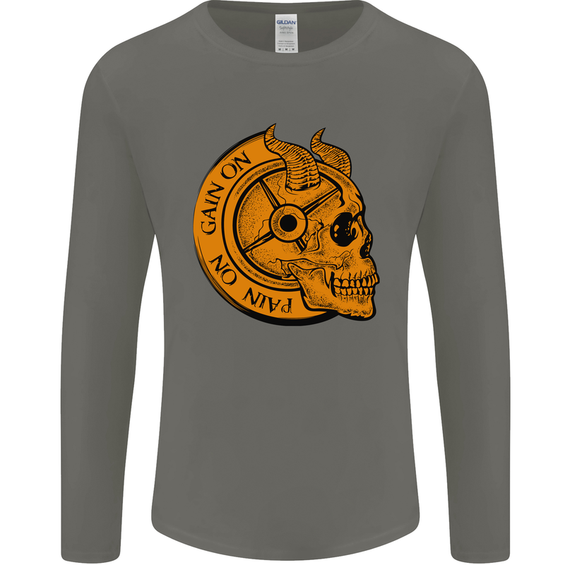 No Pain No Gain Devil Skull Training Gym Mens Long Sleeve T-Shirt Charcoal
