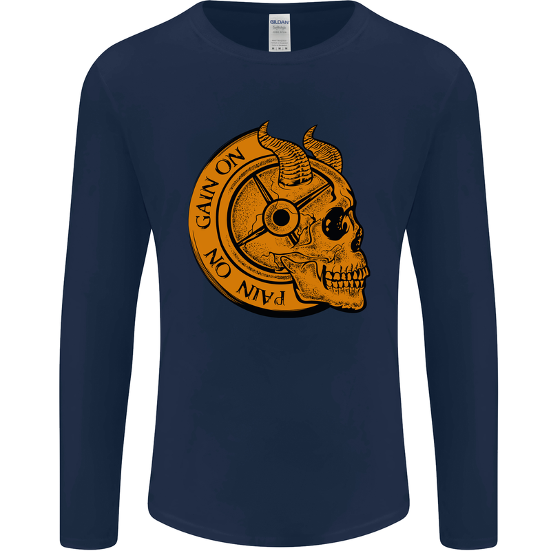 No Pain No Gain Devil Skull Training Gym Mens Long Sleeve T-Shirt Navy Blue