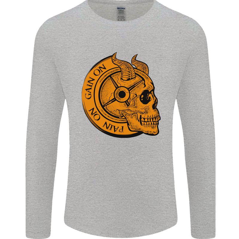 No Pain No Gain Devil Skull Training Gym Mens Long Sleeve T-Shirt Sports Grey
