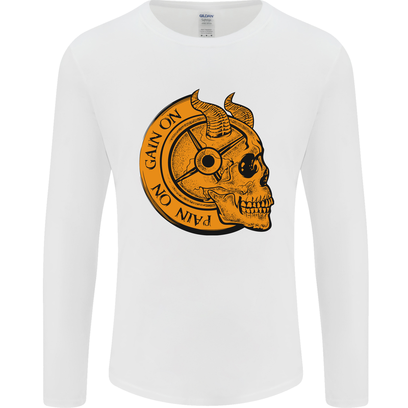No Pain No Gain Devil Skull Training Gym Mens Long Sleeve T-Shirt White