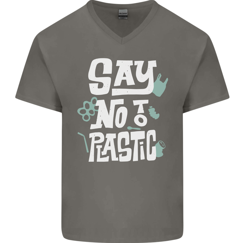 No To Plastic Climate Change Pollution Mens V-Neck Cotton T-Shirt Charcoal
