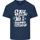 No To Plastic Climate Change Pollution Mens V-Neck Cotton T-Shirt Navy Blue