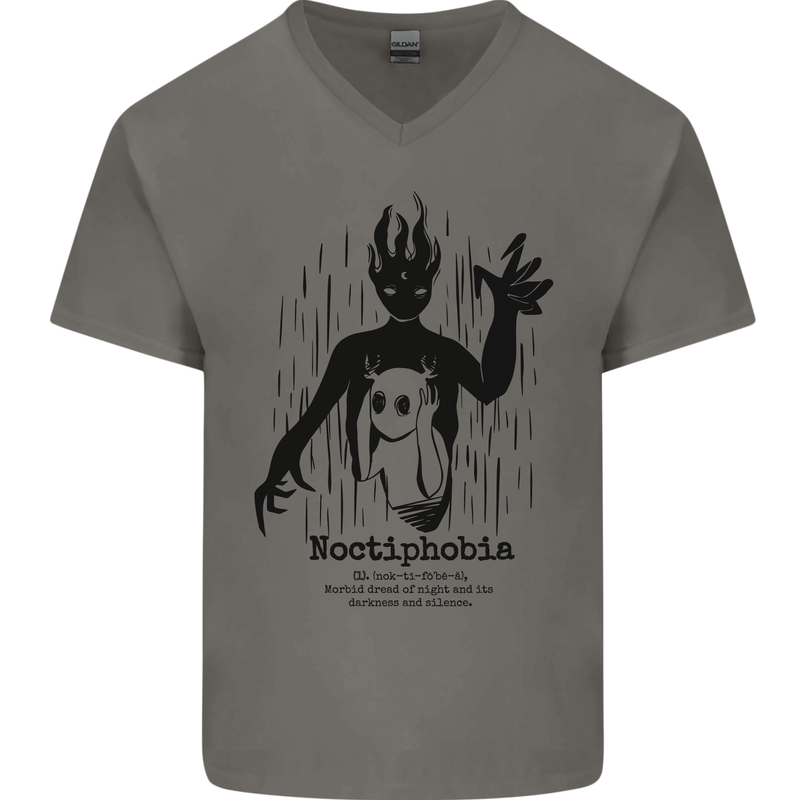 Noctiphobia Phobia of Night Halloween Mens V-Neck Cotton T-Shirt Charcoal