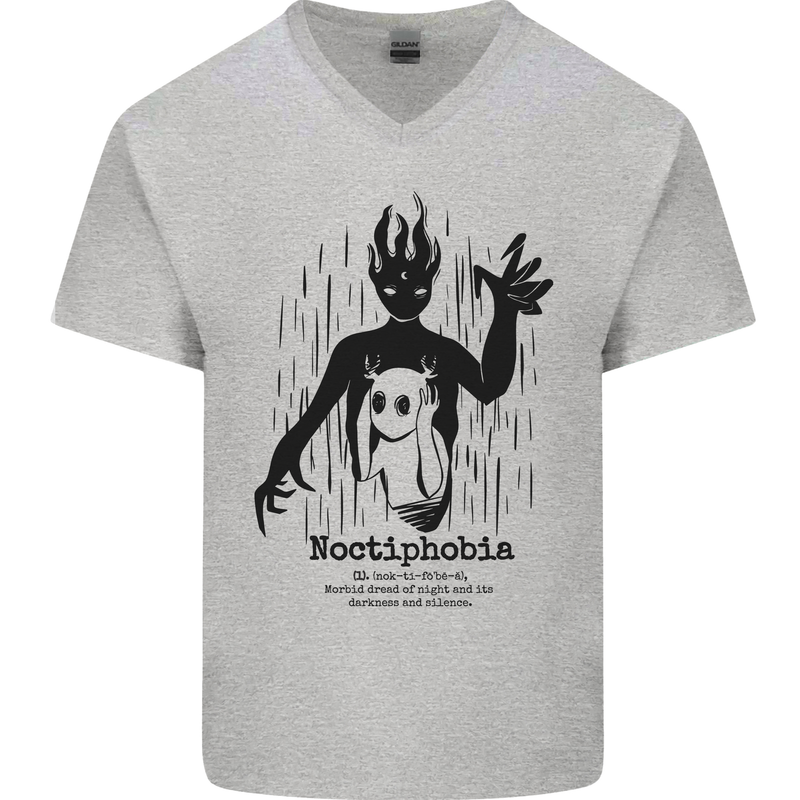 Noctiphobia Phobia of Night Halloween Mens V-Neck Cotton T-Shirt Sports Grey