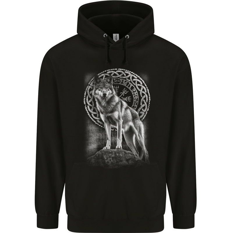 Nordic Wolf Viking Childrens Kids Hoodie Black