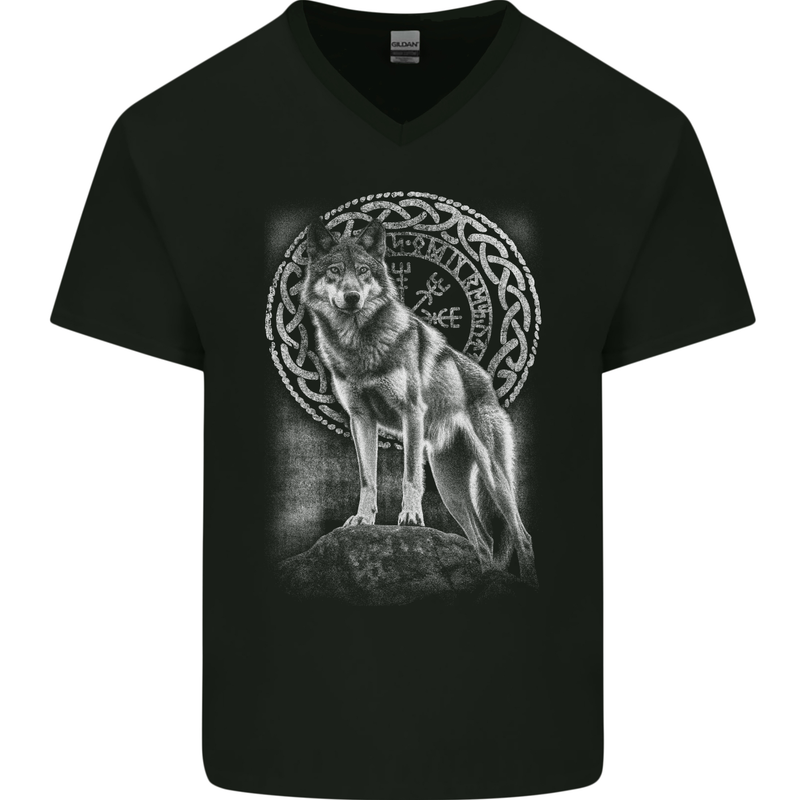 Nordic Wolf Viking Mens V-Neck Cotton T-Shirt Black