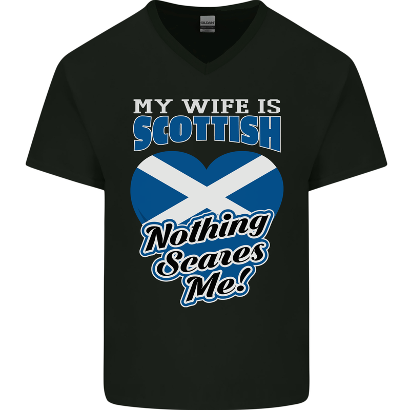 Nothing Scares Me My Wife is Scottish Scotland Mens V-Neck Cotton T-Shirt Black