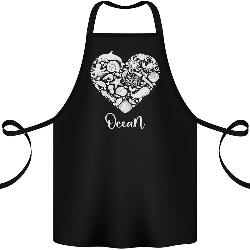 Ocean Heart Ecology Dolphin Fish Whale Octopus Cotton Apron 100% Organic Black