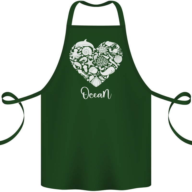 Ocean Heart Ecology Dolphin Fish Whale Octopus Cotton Apron 100% Organic Forest Green