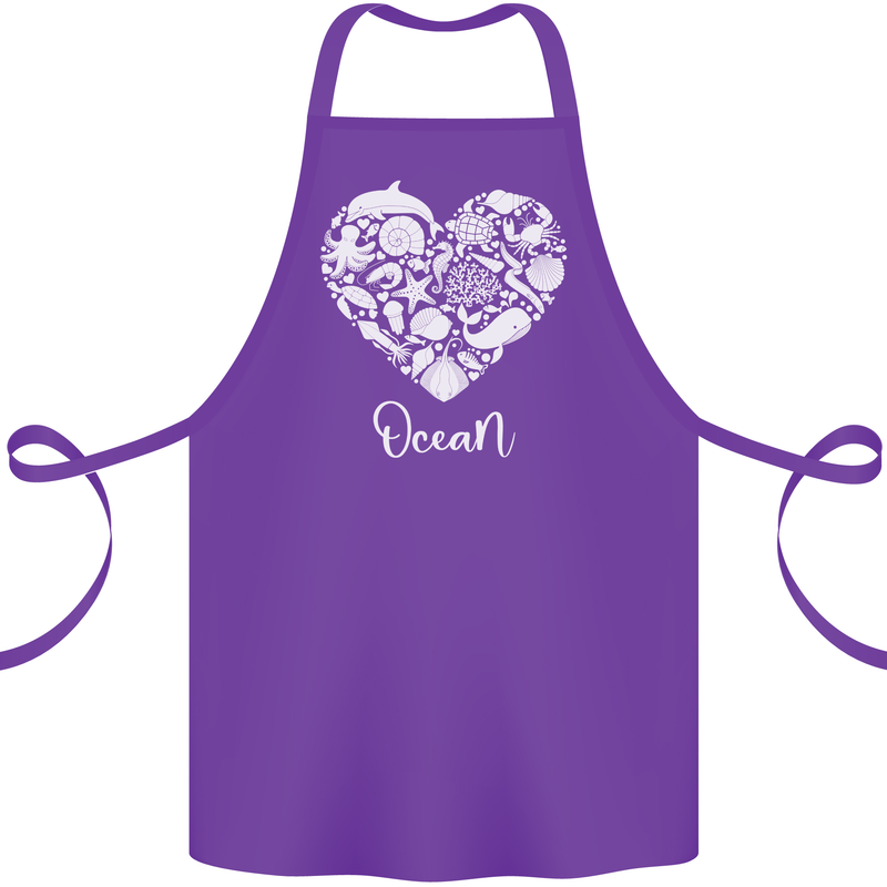 Ocean Heart Ecology Dolphin Fish Whale Octopus Cotton Apron 100% Organic Purple
