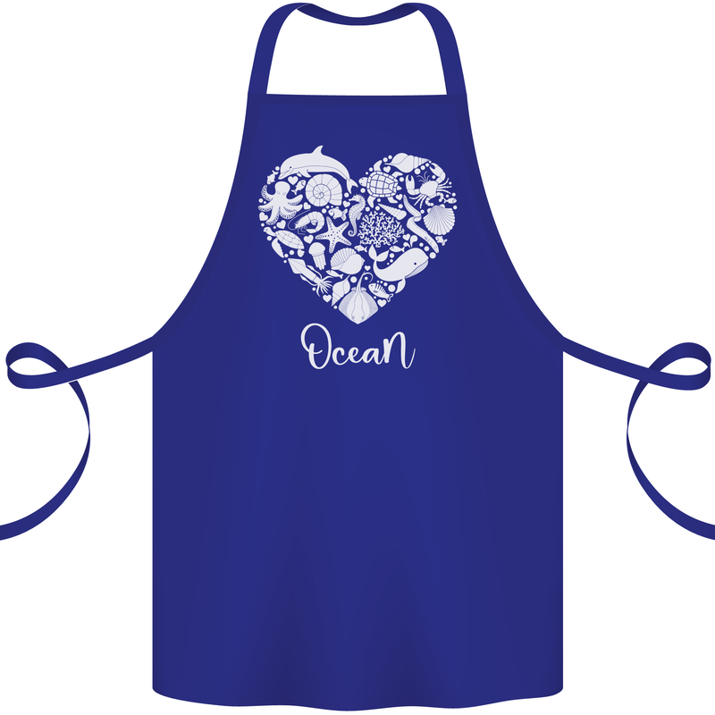 Ocean Heart Ecology Dolphin Fish Whale Octopus Cotton Apron 100% Organic Royal Blue