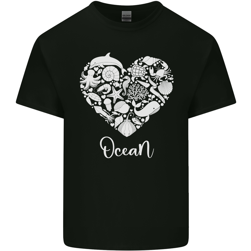 Ocean Heart Ecology Dolphin Fish Whale Octopus Mens Cotton T-Shirt Tee Top Black
