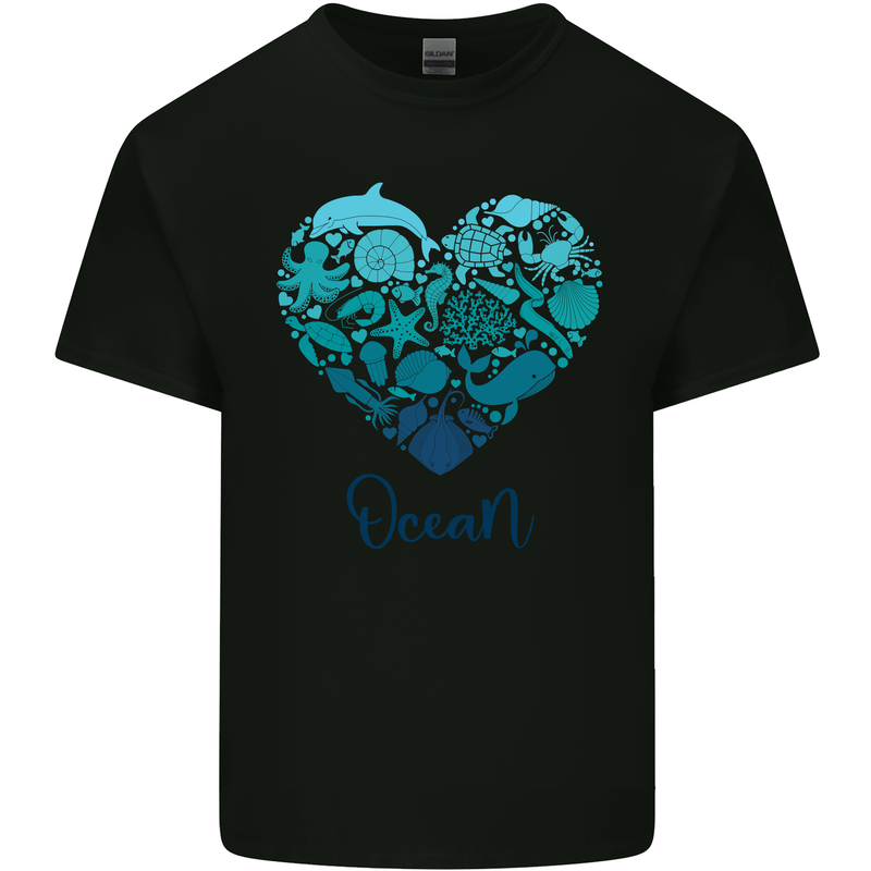 Ocean Heart Ecology Dolphin Turtle Whale Octopus Mens Cotton T-Shirt Tee Top Black