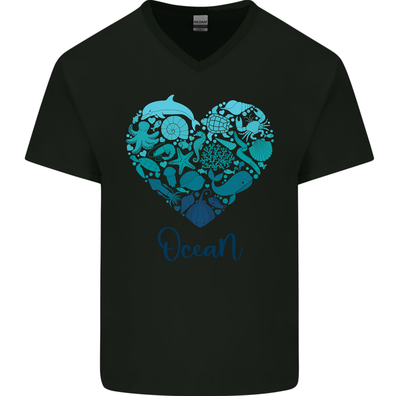 Ocean Heart Ecology Dolphin Turtle Whale Octopus Mens V-Neck Cotton T-Shirt Black