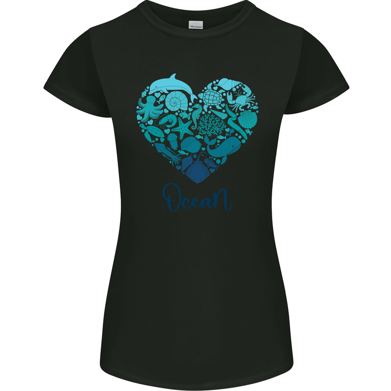 Ocean Heart Ecology Dolphin Turtle Whale Octopus Womens Petite Cut T-Shirt Black