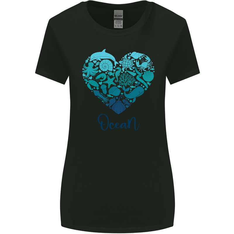 Ocean Heart Ecology Dolphin Turtle Whale Octopus Womens Wider Cut T-Shirt Black