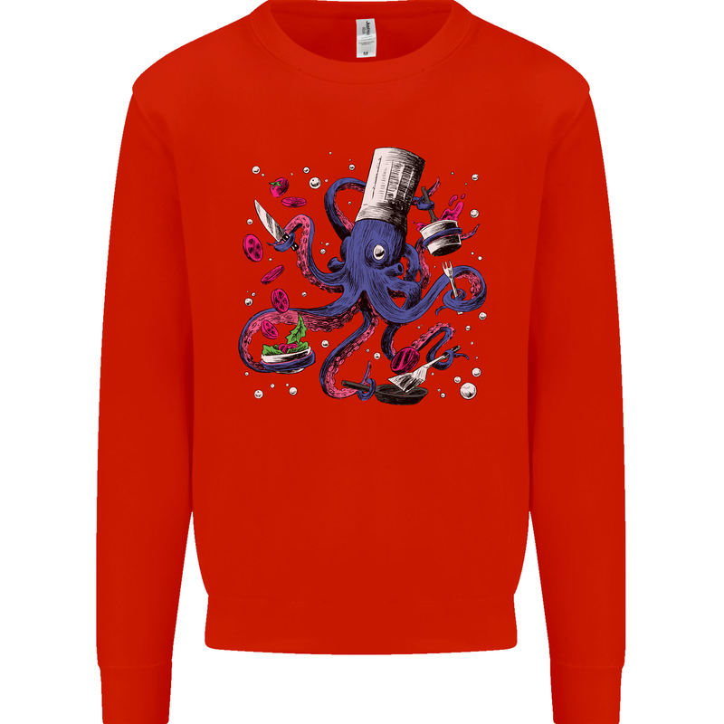 Octo Chef Funny Octopus Cook Cooking Kids Sweatshirt Jumper Bright Red
