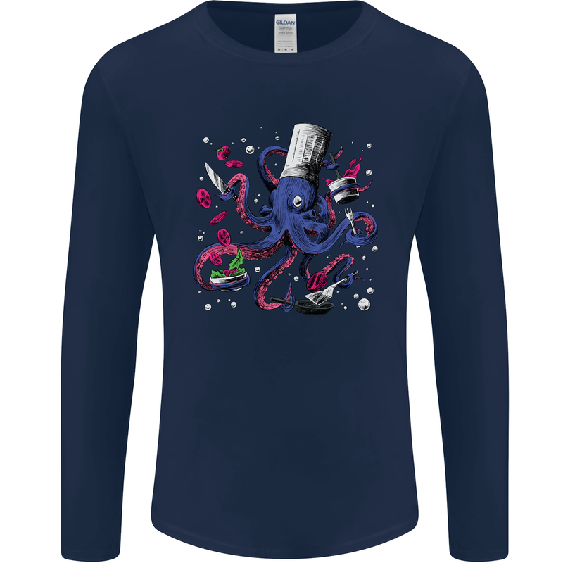 Octo Chef Funny Octopus Cook Cooking Mens Long Sleeve T-Shirt Navy Blue