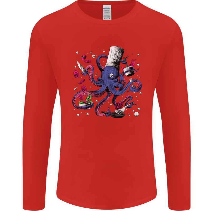 Octo Chef Funny Octopus Cook Cooking Mens Long Sleeve T-Shirt Red