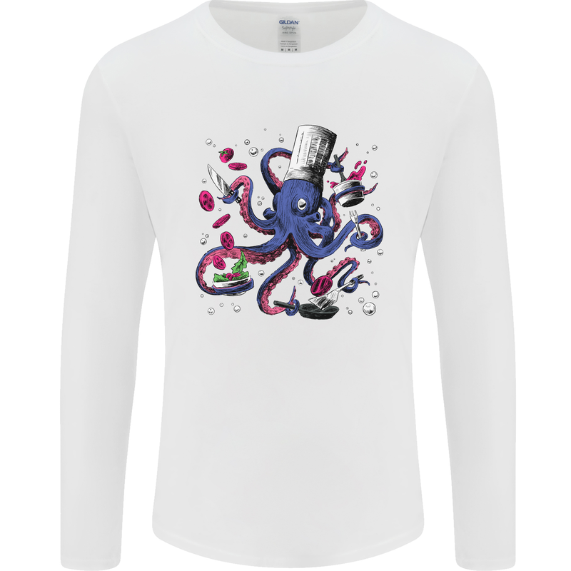 Octo Chef Funny Octopus Cook Cooking Mens Long Sleeve T-Shirt White