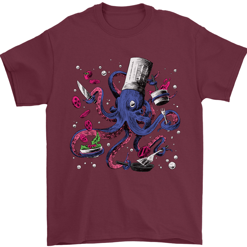 Octo Chef Funny Octopus Cook Cooking Mens T-Shirt 100% Cotton Maroon