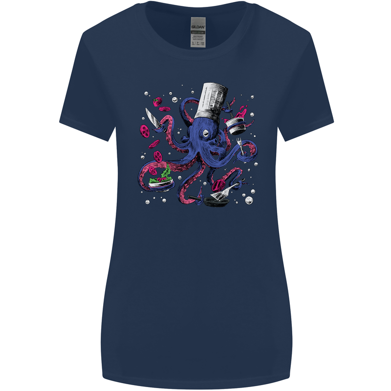 Octo Chef Funny Octopus Cook Cooking Womens Wider Cut T-Shirt Navy Blue