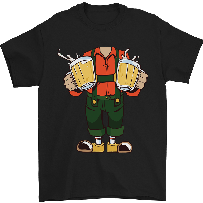 a black t - shirt with a cartoon character holding two mugs of beer