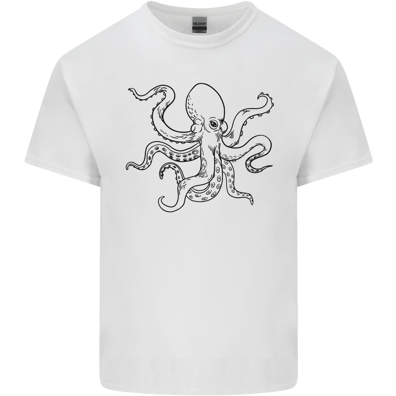 Octopus Ouline Mens Cotton T-Shirt Tee Top White