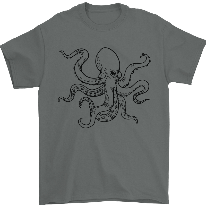 Octopus Ouline Mens T-Shirt 100% Cotton Charcoal