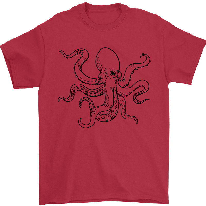 Octopus Ouline Mens T-Shirt 100% Cotton Red