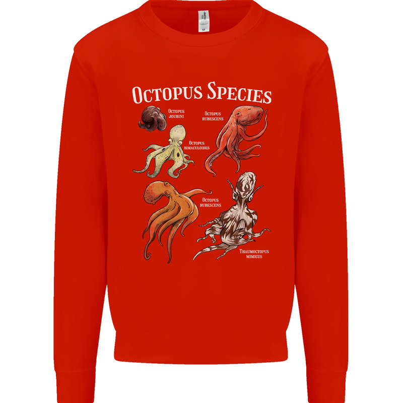 Octopus Species Scuba Diving Ocean Kids Sweatshirt Jumper Bright Red