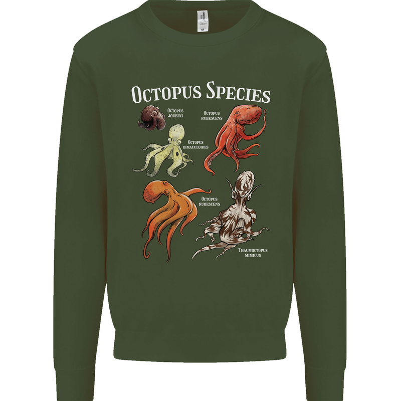 Octopus Species Scuba Diving Ocean Kids Sweatshirt Jumper Forest Green