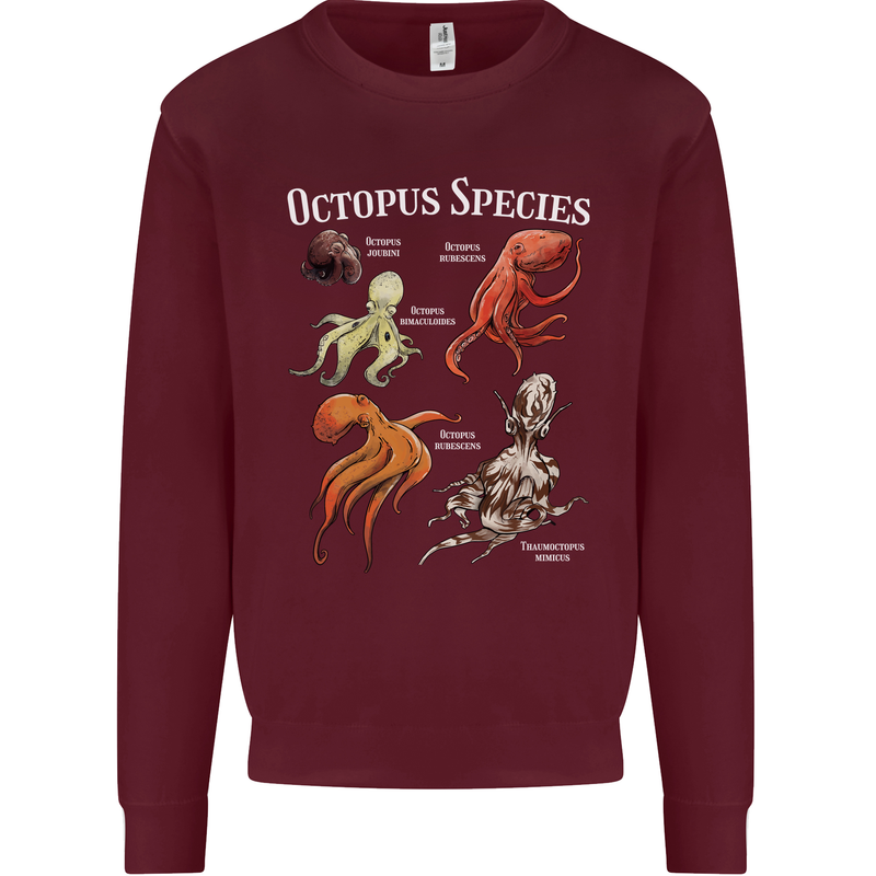 Octopus Species Scuba Diving Ocean Kids Sweatshirt Jumper Maroon