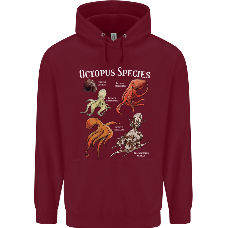 Octopus Species Scuba Diving Ocean Mens 80% Cotton Hoodie Maroon