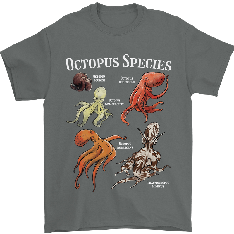 Octopus Species Scuba Diving Ocean Mens T-Shirt 100% Cotton Charcoal