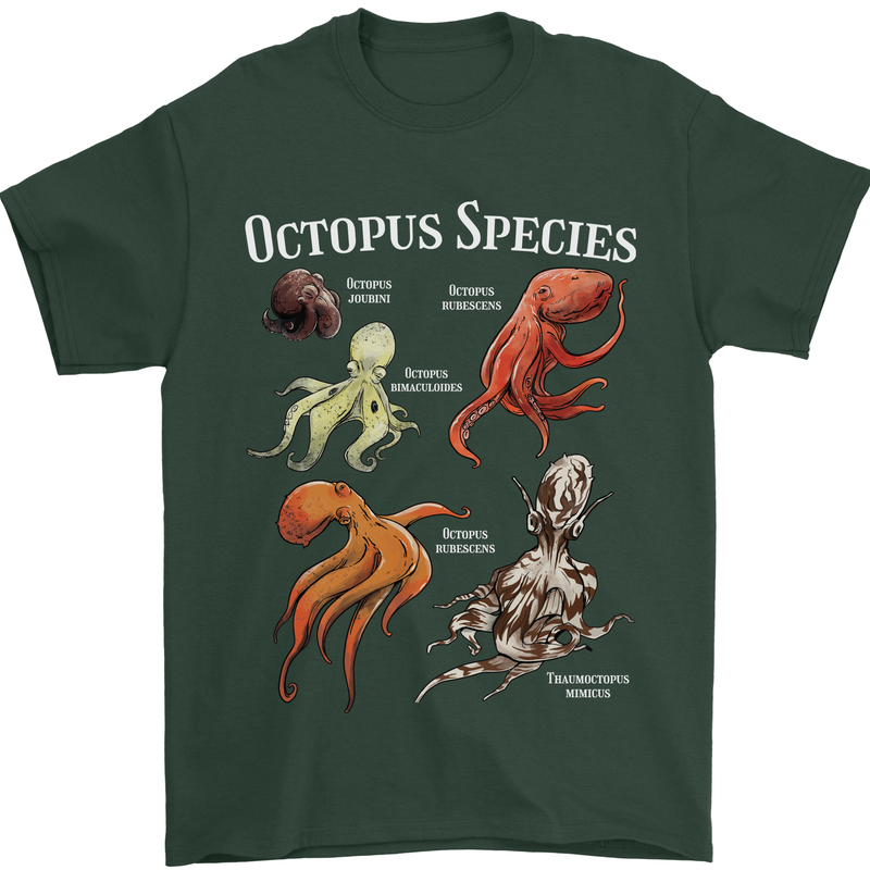 Octopus Species Scuba Diving Ocean Mens T-Shirt 100% Cotton Forest Green