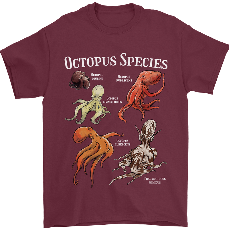 Octopus Species Scuba Diving Ocean Mens T-Shirt 100% Cotton Maroon