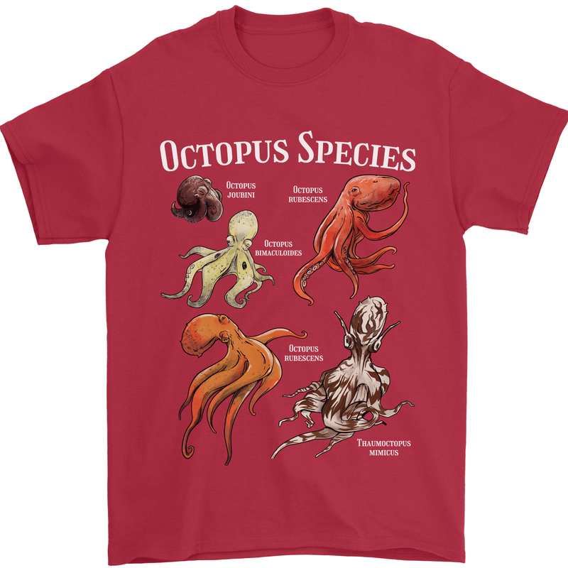 Octopus Species Scuba Diving Ocean Mens T-Shirt 100% Cotton Red