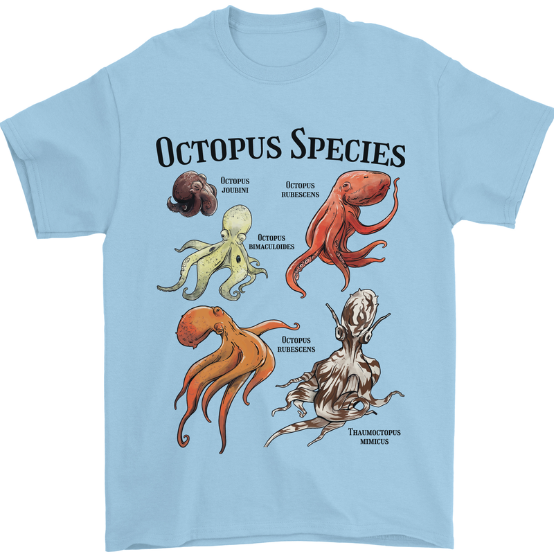 Octopus Species Sealife Scuba Diving Mens T-Shirt 100% Cotton Light Blue
