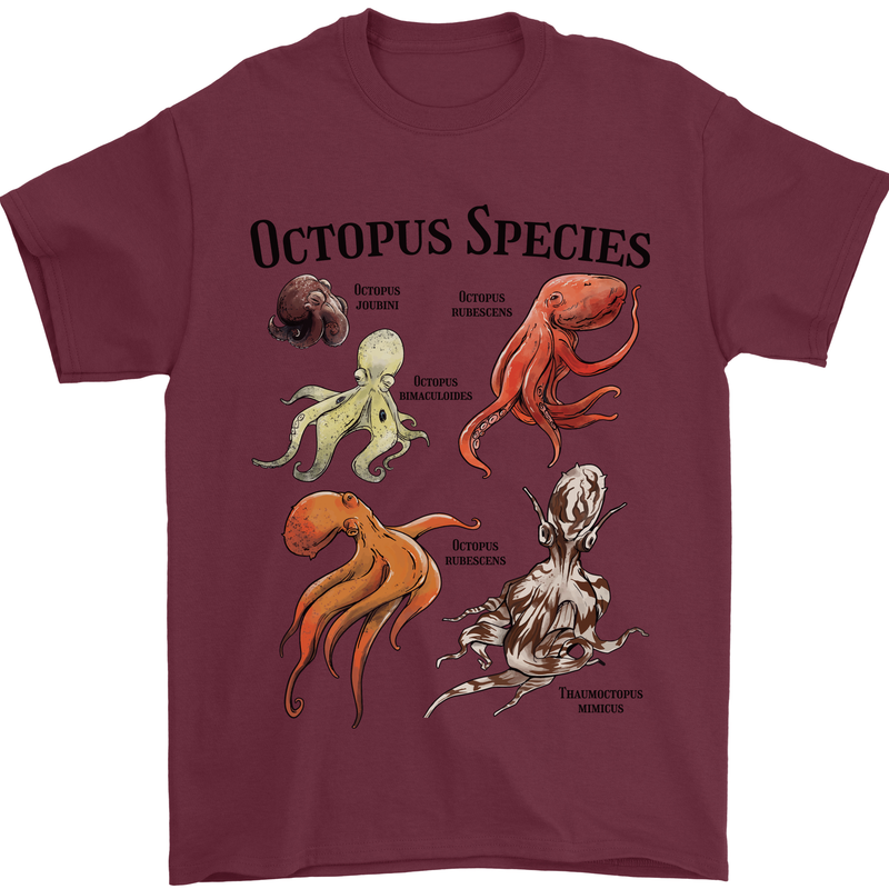 Octopus Species Sealife Scuba Diving Mens T-Shirt 100% Cotton Maroon