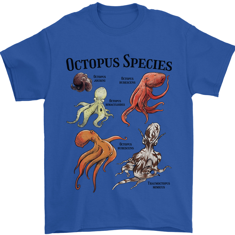 Octopus Species Sealife Scuba Diving Mens T-Shirt 100% Cotton Royal Blue