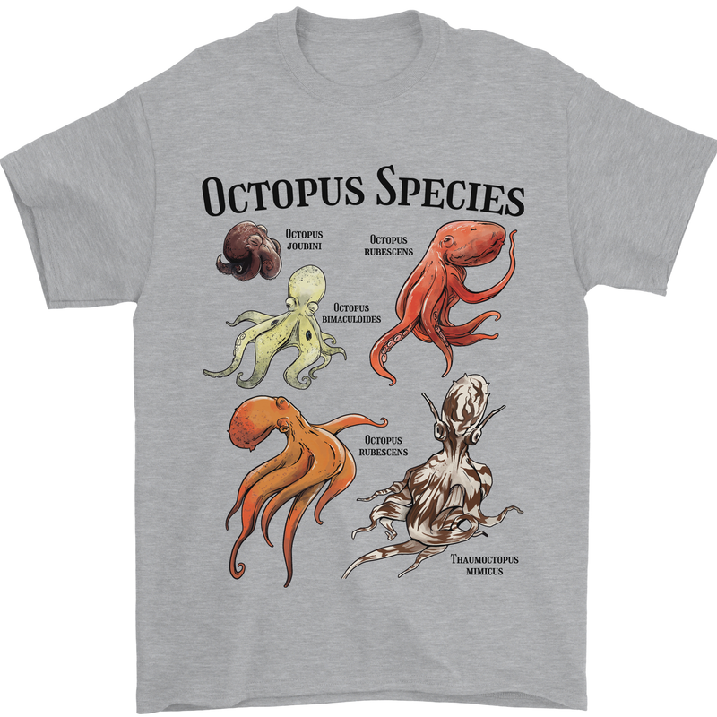 Octopus Species Sealife Scuba Diving Mens T-Shirt 100% Cotton Sports Grey