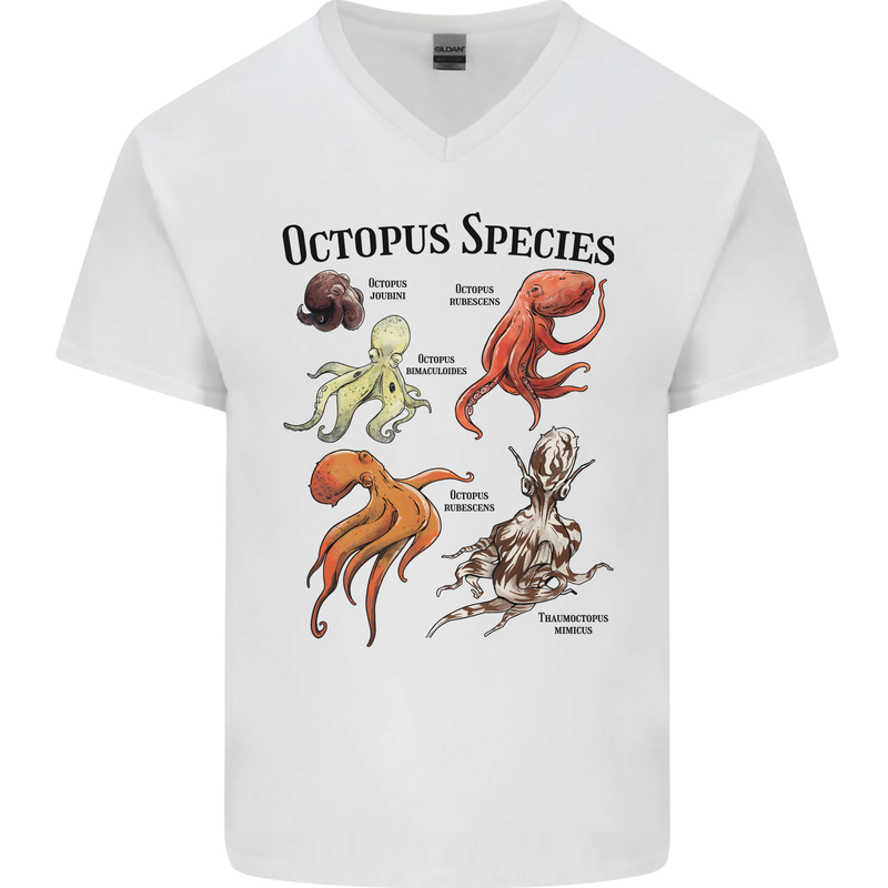 Octopus Species Sealife Scuba Diving Mens V-Neck Cotton T-Shirt White