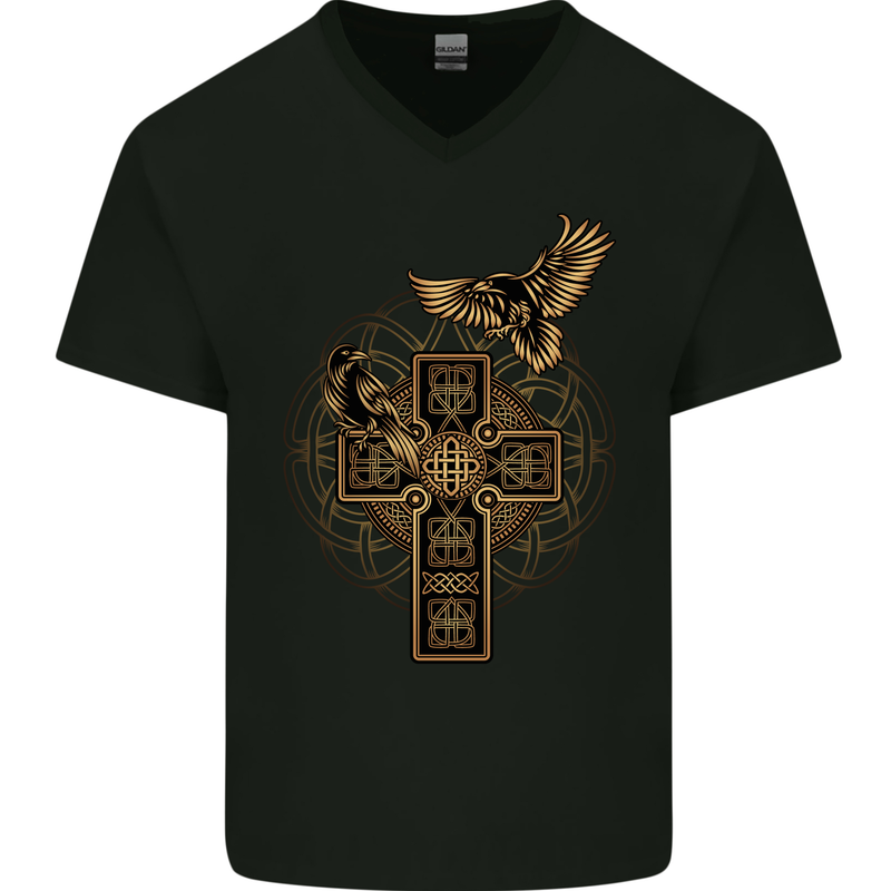 Odin Celtic Raven Viking Thor Ragnar Norse Mens V-Neck Cotton T-Shirt Black
