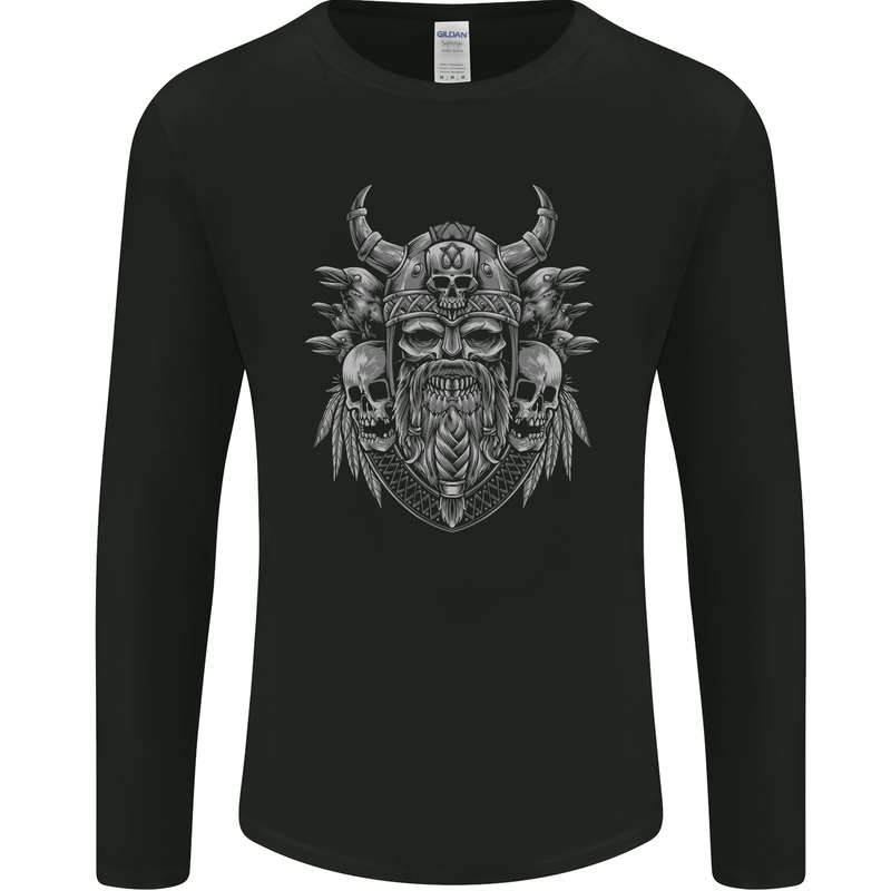 Odin Norse God With Skulls and Crows Viking Mens Long Sleeve T-Shirt Black