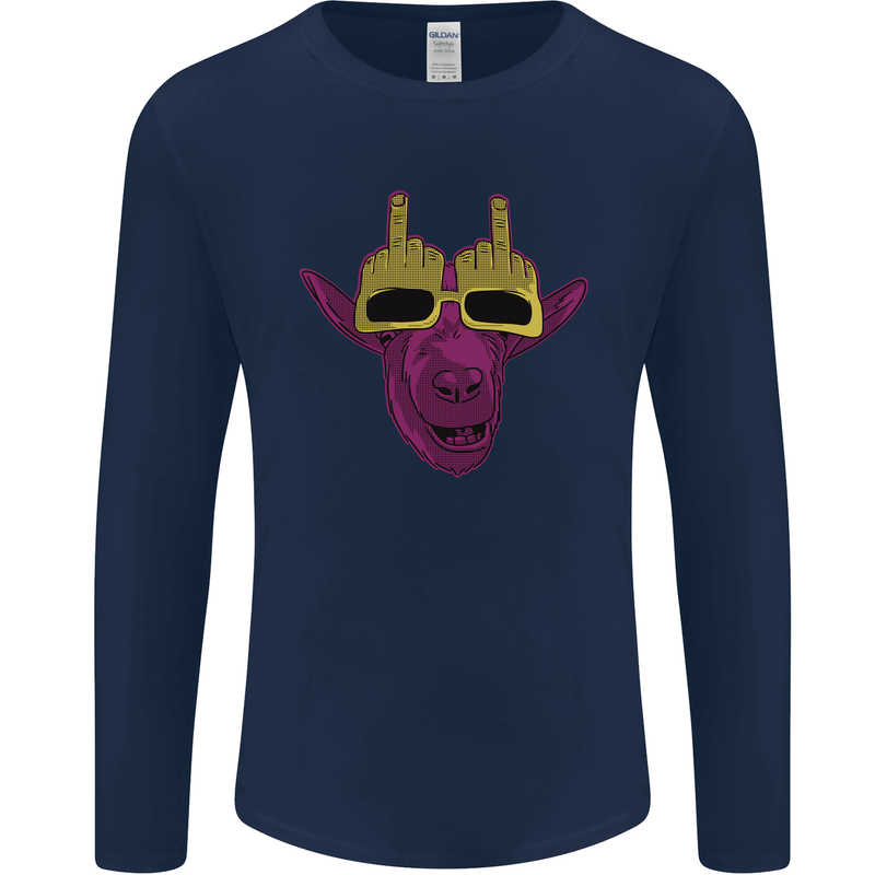 Offensive Goat With Finger Flip Glasses Mens Long Sleeve T-Shirt Navy Blue