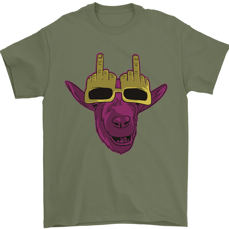 Offensive Goat With Finger Flip Glasses Mens T-Shirt 100% Cotton Military Green