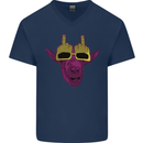 Offensive Goat With Finger Flip Glasses Mens V-Neck Cotton T-Shirt Navy Blue
